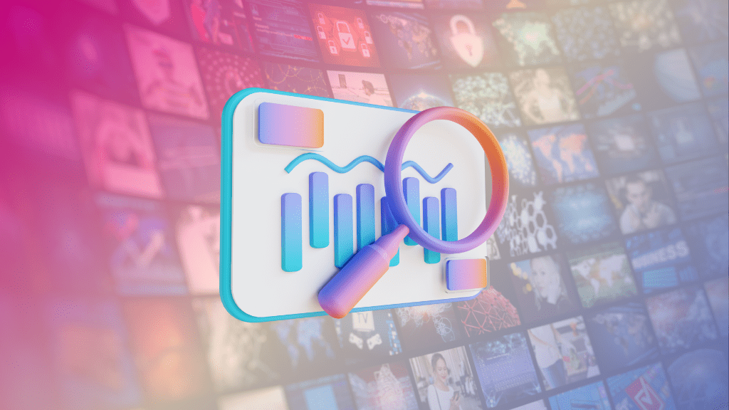 background of digital screens with a color overlay with a graphic in the foreground of magnifying glass over data